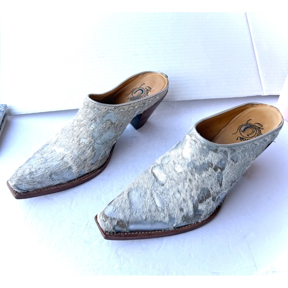 Lucchese Charlie 1 Horse Silver Hair on Hide Western Snip Toe Slip On Mules‎ 7.5